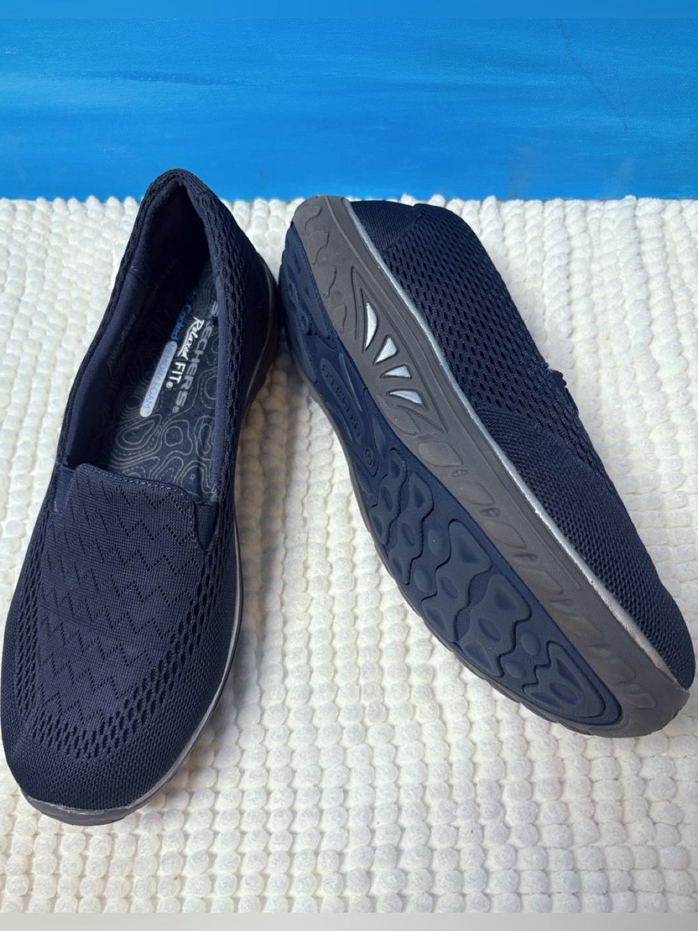 Navy Blue Skechers Relaxed Fit Reggae Fest Willows Vibe Slip-On Knit Loafer Shoe